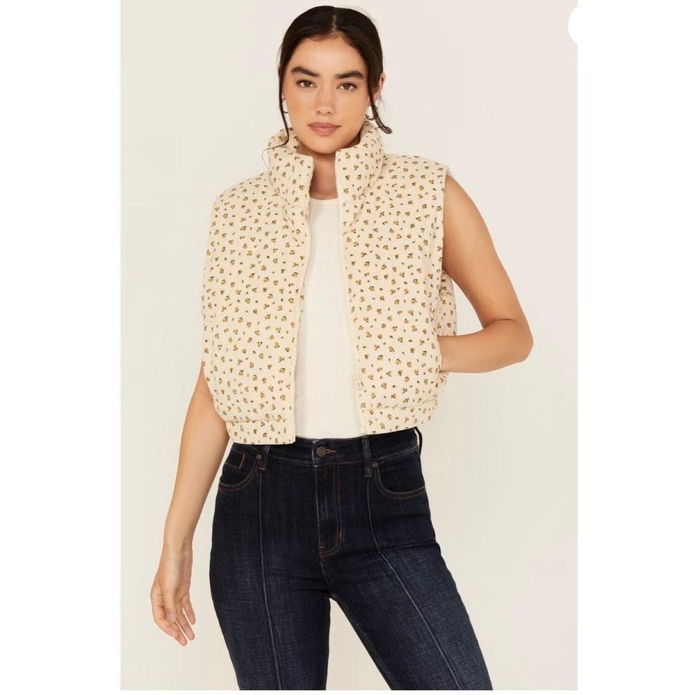 26 International Cream Ditsy Floral Print Quilted Puffer Vest Jacket Crop Zip L